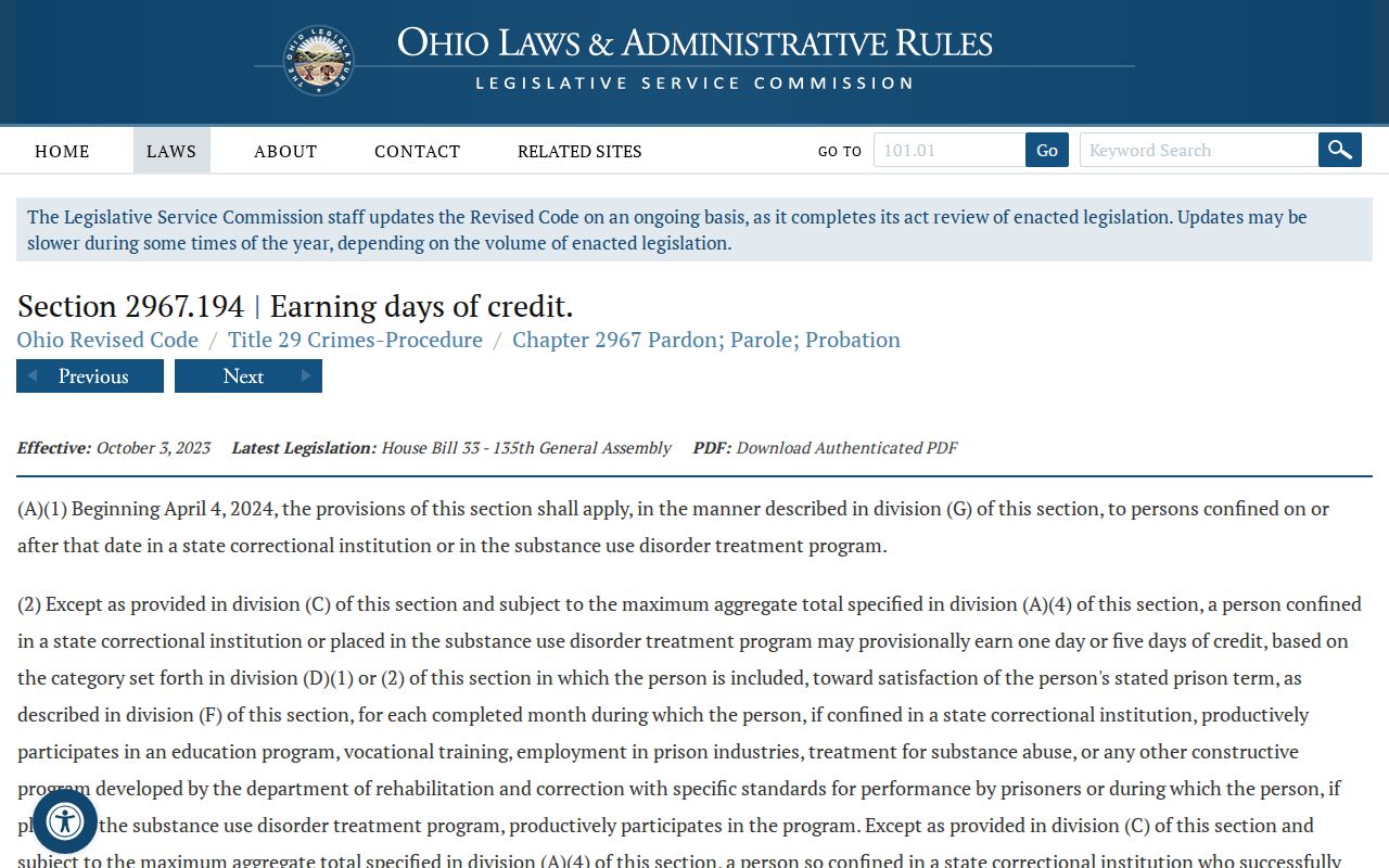 Ohio earned-credit law affecting Brown County projected release dates